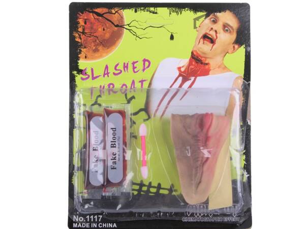 Falešná rána na krku s 10 ml falešné krve halloweenský doplněk