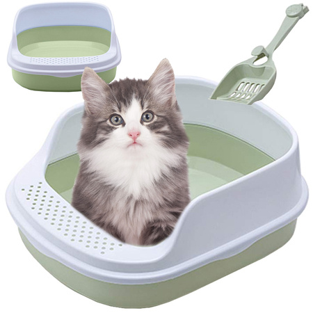 Open-ended cat litter box with soldna frame for litter + large shovel