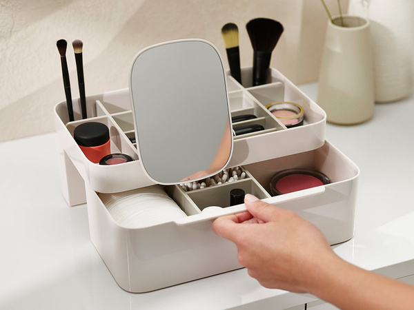 Cosmetics organiser with drawer and mirror