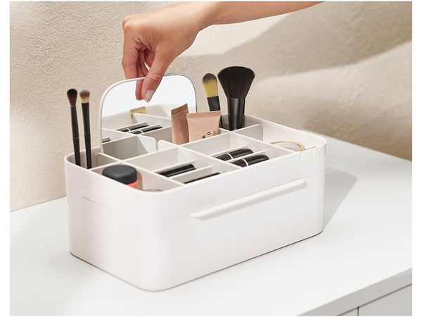 Cosmetics organiser with drawer and mirror