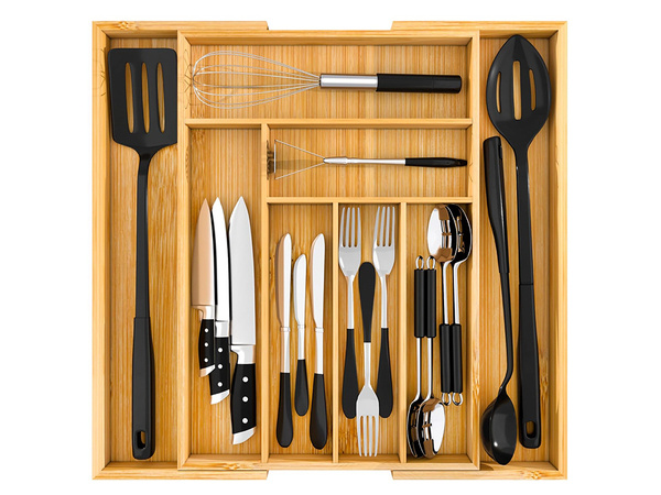 Drawer insert kitchen cutlery organiser bamboo 8 compartments xl