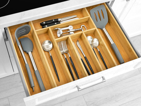 Drawer insert kitchen cutlery organiser bamboo 8 compartments xl