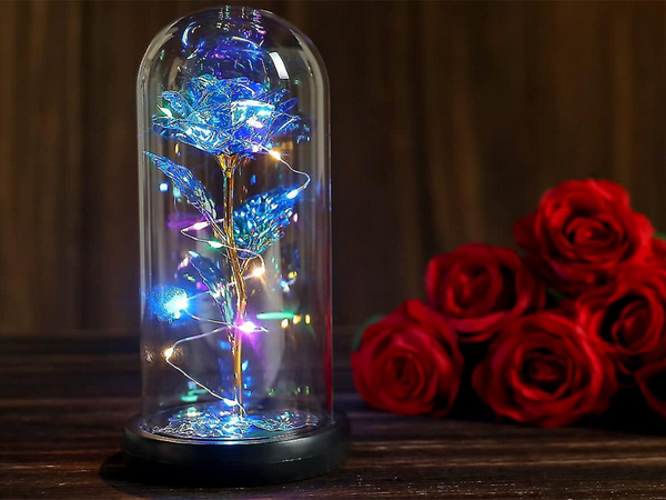 Everlasting rose in glass gift led luminous blue glass for women's day