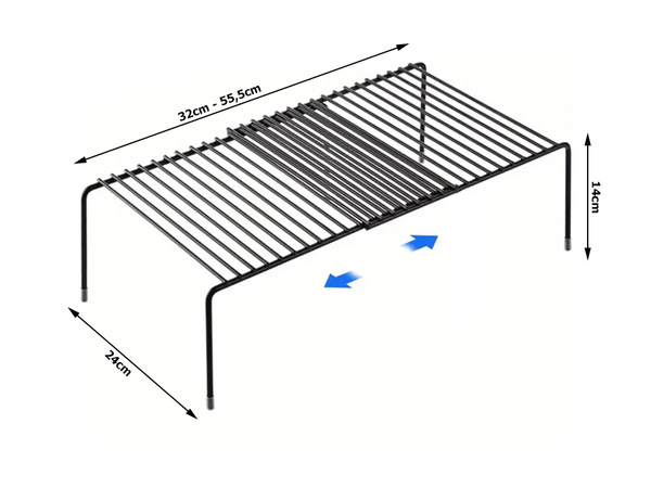Metal shelf adjustable in width folding single level organiser
