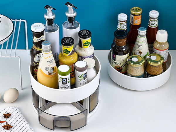 Rotating organiser for kitchen drawer container