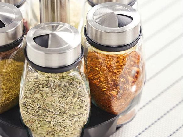 Spice organiser rotary glass containers 6 pieces spice salt