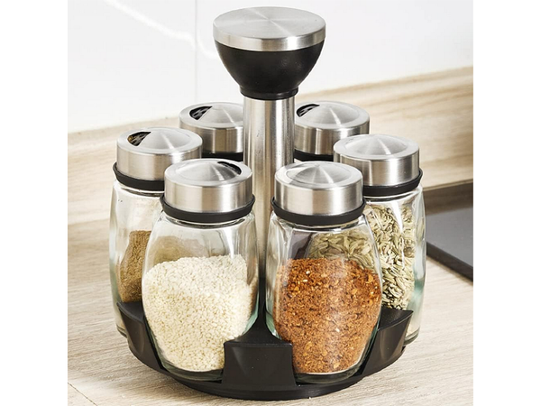 Spice organiser rotary glass containers 6 pieces spice salt