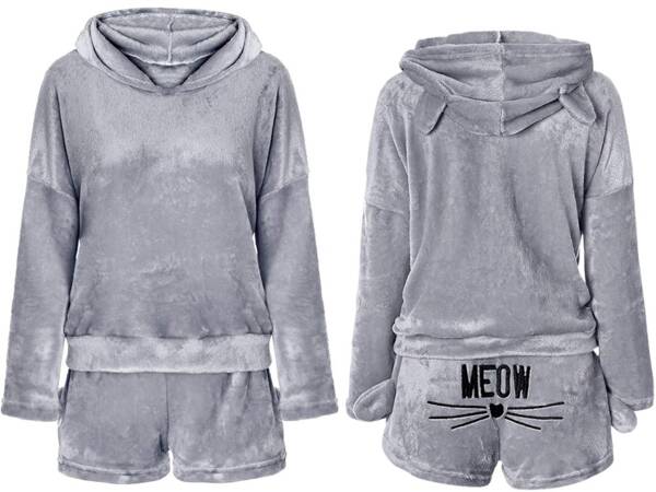 Warm women's pyjamas two-piece with hood soft plush short m