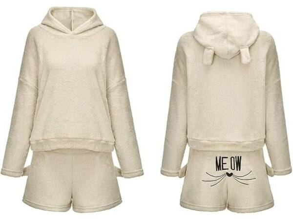 Warm women's pyjamas two-piece with hood soft plush short xl