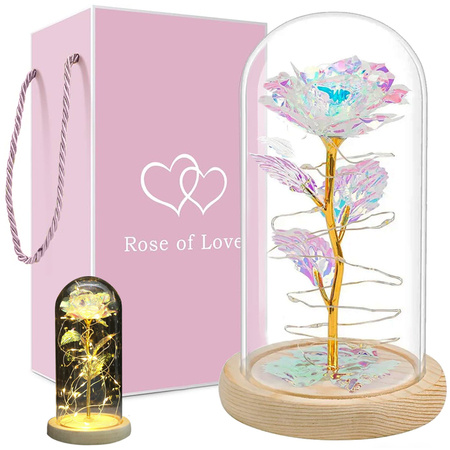 Rose éternelle en verre cadeau boîte lumineuse led verre base en bois.