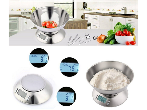 BALANCE DE CUISINE ELECTRONIQUE DIGITALE AVEC BOL 5KG LCD ARGENT METAL