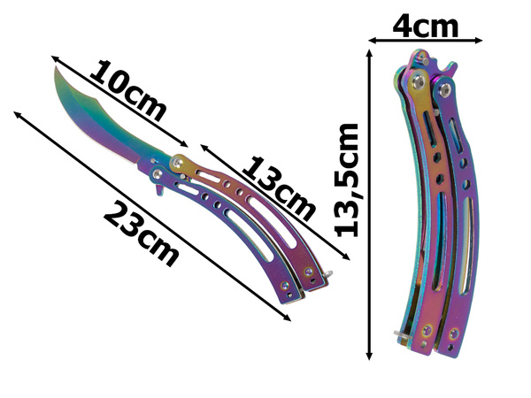 Couteau papillon lame pliante tranchante arc-en-ciel fondu