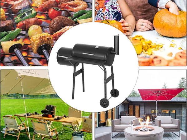 Gril de jardin grand baril de charbon de bois bbq smoker avec couvercle grille étagère roues