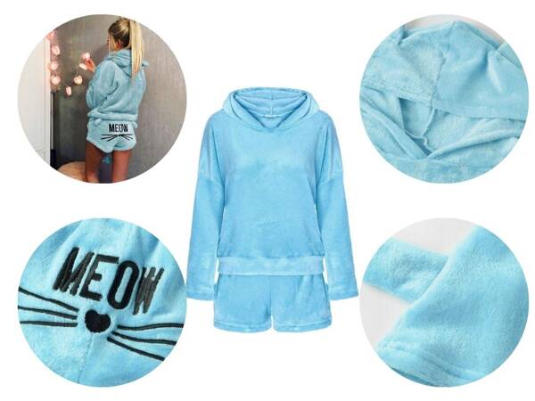 Pyjama chaud pour femmes deux pièces avec capuche en peluche douce short l