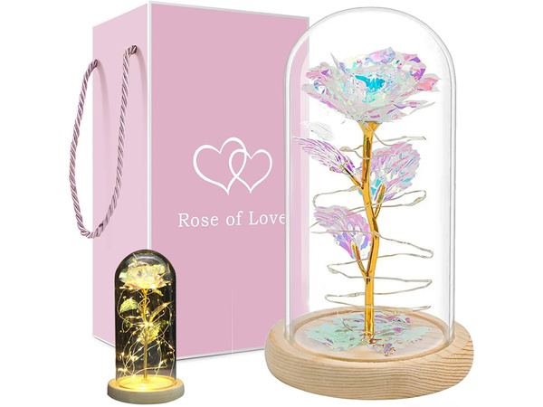 Rose éternelle en verre cadeau boîte lumineuse led verre base en bois.