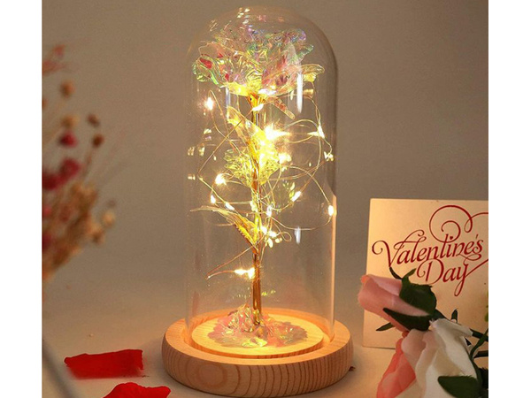 Rose éternelle en verre cadeau boîte lumineuse led verre base en bois.