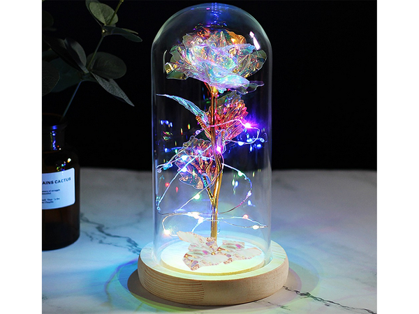 Rose éternelle en verre cadeau boîte lumineuse led verre base en bois.