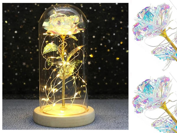 Rose éternelle en verre cadeau boîte lumineuse led verre base en bois.