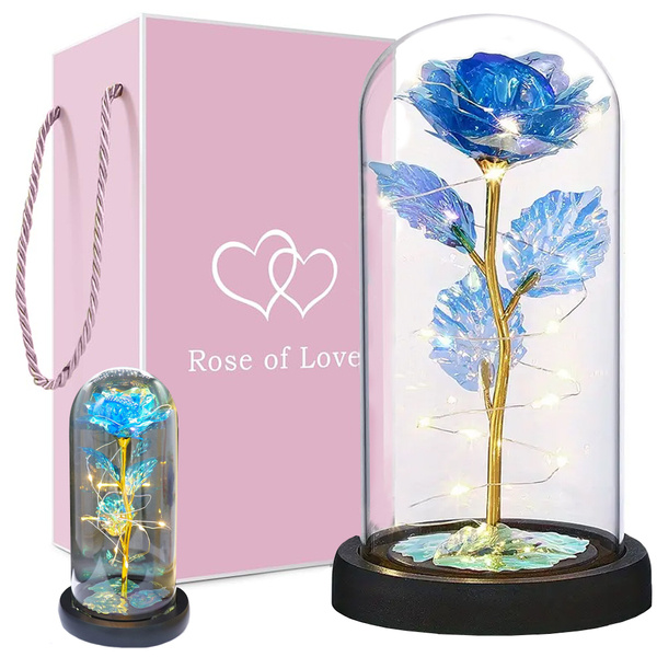 Rose éternelle en verre cadeau verre bleu lumineux pour la journée de la femme