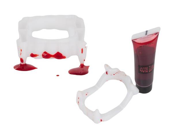 Set falsche zähne+ blut halloween vampir dracula zähne blut in einem rohr