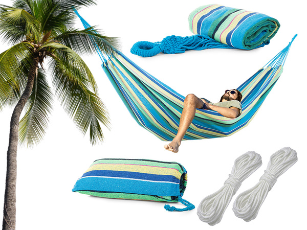 Colour striped garden hammak with single person 200x80 pocket etui