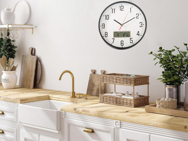 Horloge murale grand silencieux 30cm aiguille ronde date température bois