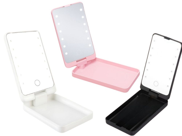 Led-illuminated cosmetic mirror for make-up, foldable travel mirror