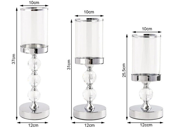 Candle holders glamour metal crystal glass set chrome 3 pcs