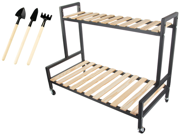 Wooden flowerbed for potted flowers two-storey shelf on wheels terrace