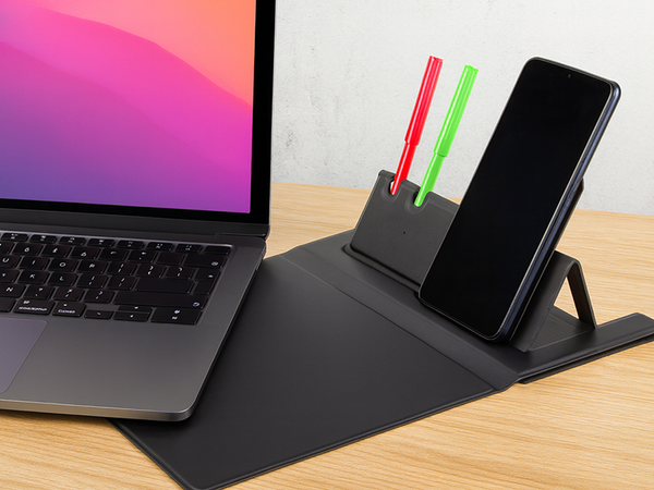 Mouse pad wireless inductive charger for phone organizer