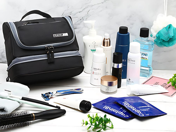 Ceļojumu kosmētikas somiņa ar āķi liela unisex ūdensnecaurlaidīga melna