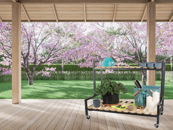 Parterre de madera para flores en maceta estantería de dos pisos sobre ruedas terraza