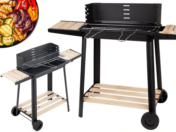 Parrilla de jardin barbacoa de carbon grande rejilla ajustable estantes ruedas portatil