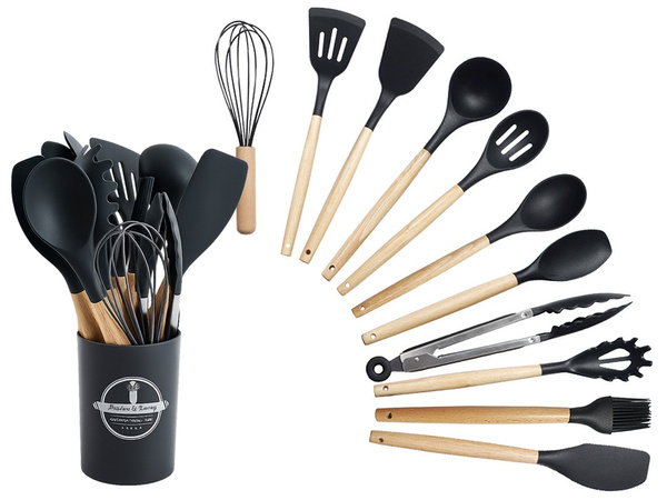 Ensemble d'ustensiles de cuisine en silicone et bois accessoires cuillères 12 pièces