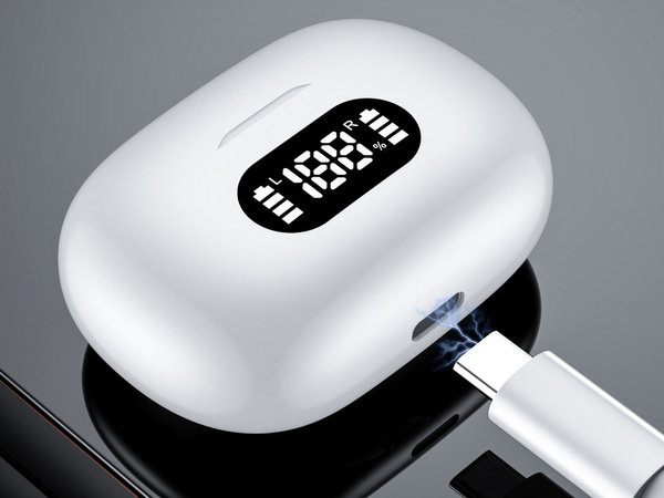 Bezdrátová sluchátka do uší bluetooth s nabíjecím pouzdrem s led diodami a mikrofonem