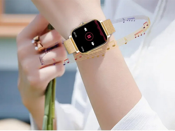 Montre connectée pour femme et homme, bracelet en caoutchouc, sport, Bluetooth, appels, dorée