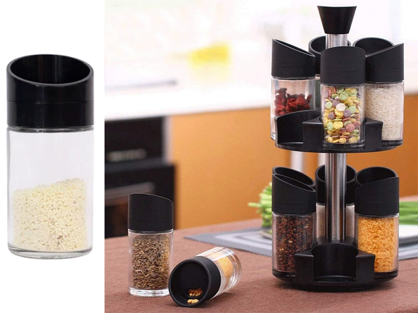 Rotating spice organiser, 12 glass containers, salt shaker