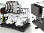 Two-level dish dryer for plates, cutlery and cups with drip tray