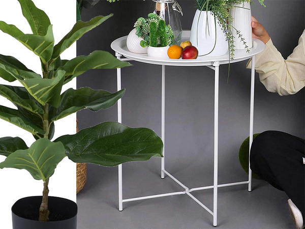 Apvalus metalinis sulankstomas staliukas su padėklu balkonui, terasai, palėpėje, baltas