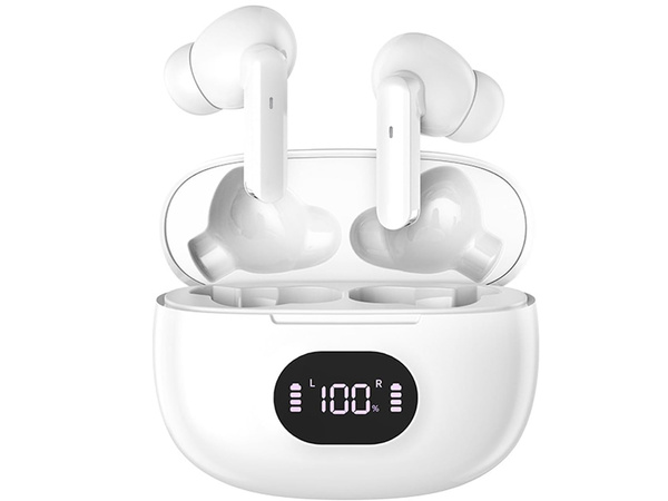 Bezdrátová sluchátka do uší bluetooth s nabíjecím pouzdrem s led diodami a mikrofonem