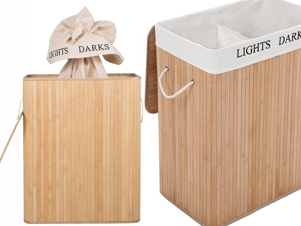 Bamboo laundry basket 2 compartment free-standing organiser container lid