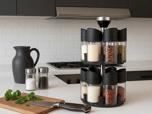 Rotating spice organiser, 12 glass containers, salt shaker