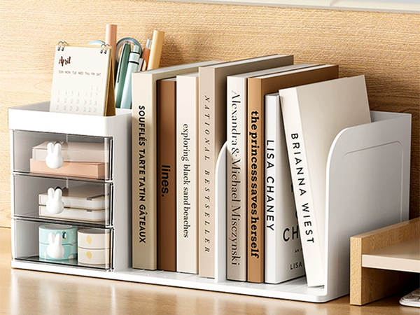 Schrank, organizer für den schreibtisch, regale für bücher und kleinigkeiten, schubladen