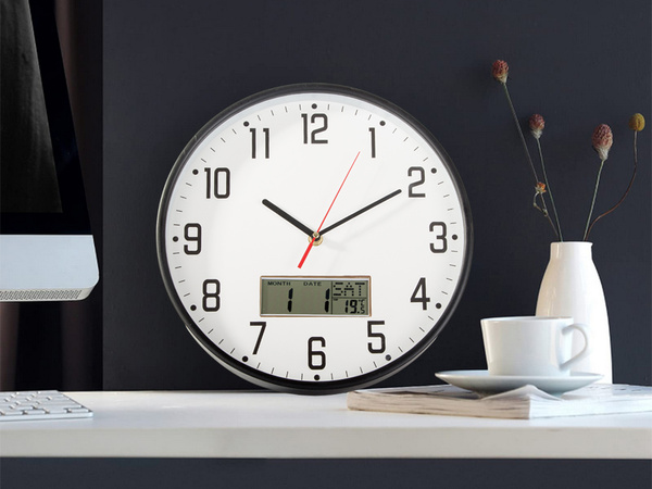 Horloge murale grand silencieux 30cm aiguille ronde date température bois