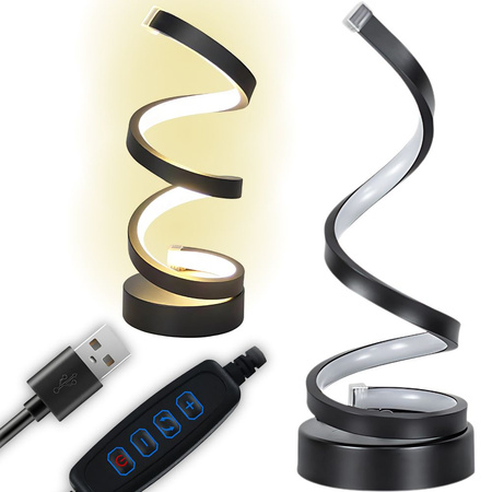 Lámpara LED espiral de escritorio y mesa, 3 colores de luz, USB, regulación de intensidad