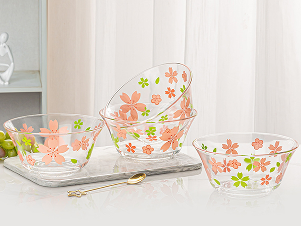 Juego de vajilla: cuencos, tazas, tazas de café y ensaladeras de cristal con diseño floral, 6 piezas.