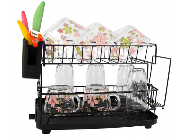 Secador de platos, cubiertos y tazas de dos niveles con bandeja