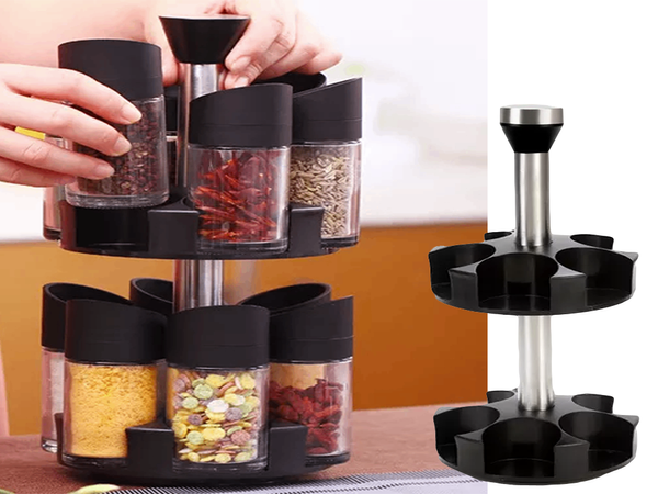 Rotating spice organiser, 12 glass containers, salt shaker