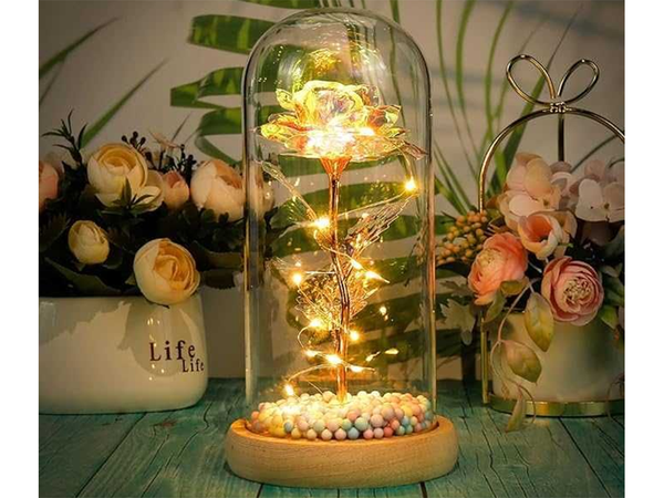 Rose éternelle dans une boîte en verre lumineuse avec led cadeau pour la journée de la femme