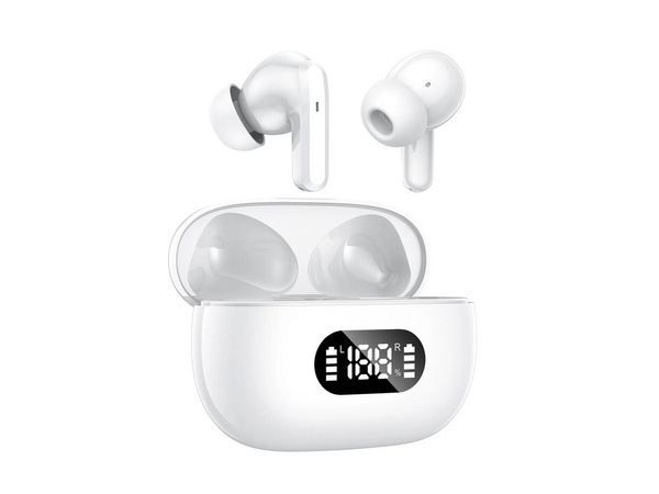 Bezdrátová sluchátka do uší bluetooth s nabíjecím pouzdrem s led diodami a mikrofonem